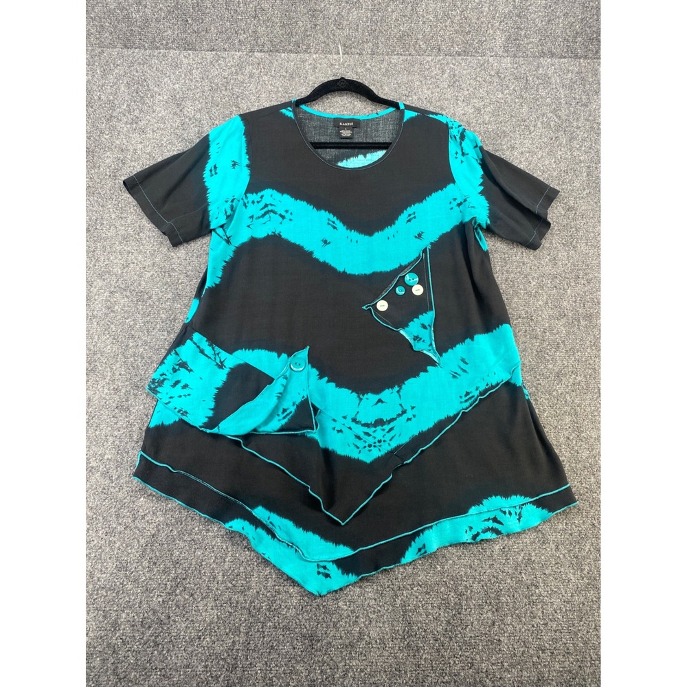 Kaktus Tunic Top Womens Large Black Turquoise Tie Dye Rayon Asymmetric Boho 2950